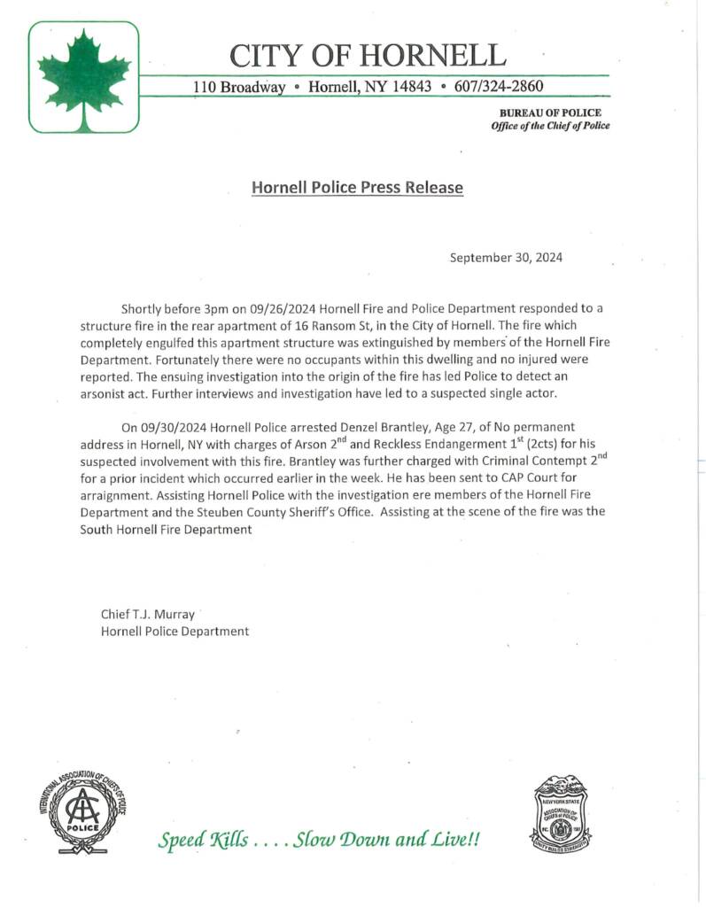 Hornell Police Charge A Suspect, For Allegedly Starting The Ransom St ...